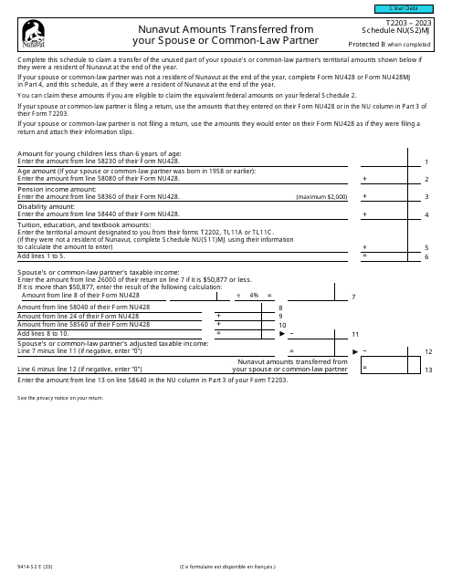 Form T2203 (9414-S2) Schedule NU(S2)MJ 2023 Printable Pdf