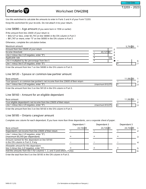 Form 9406-D (T2203) Worksheet ON428MJ Ontario - Canada, 2023