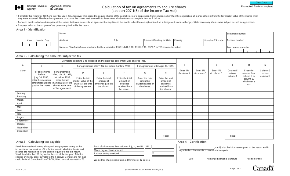 Form T2000 Calculation of Tax on Agreements to Acquire Shares Protected B When Completed (Section 207.1(5) of the Income Tax Act) - Canada, Page 1