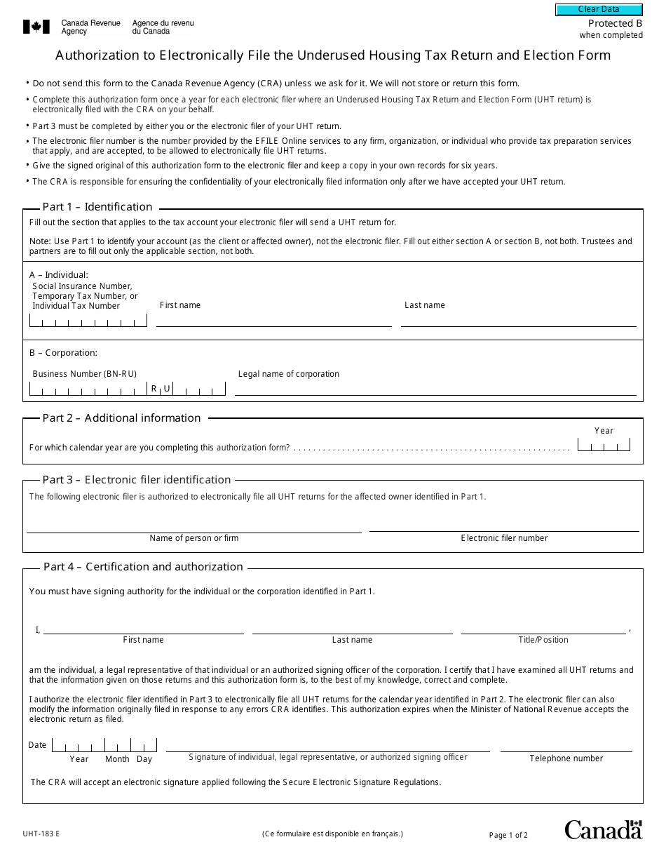 Form UHT-183 Authorization to Electronically File the Underused Housing Tax Return and Election Form - Canada, Page 1