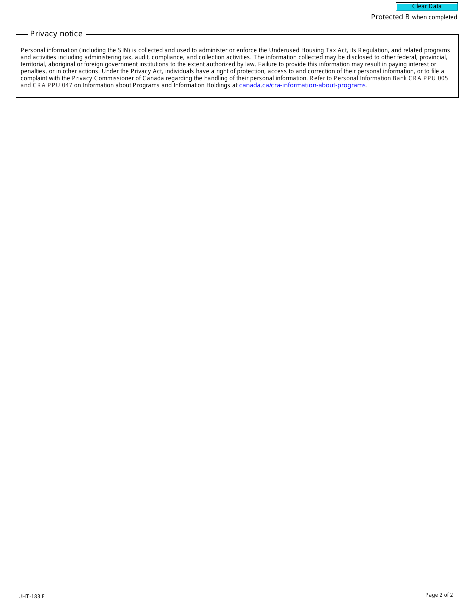 Form UHT-183 Authorization to Electronically File the Underused Housing Tax Return and Election Form - Canada, Page 2