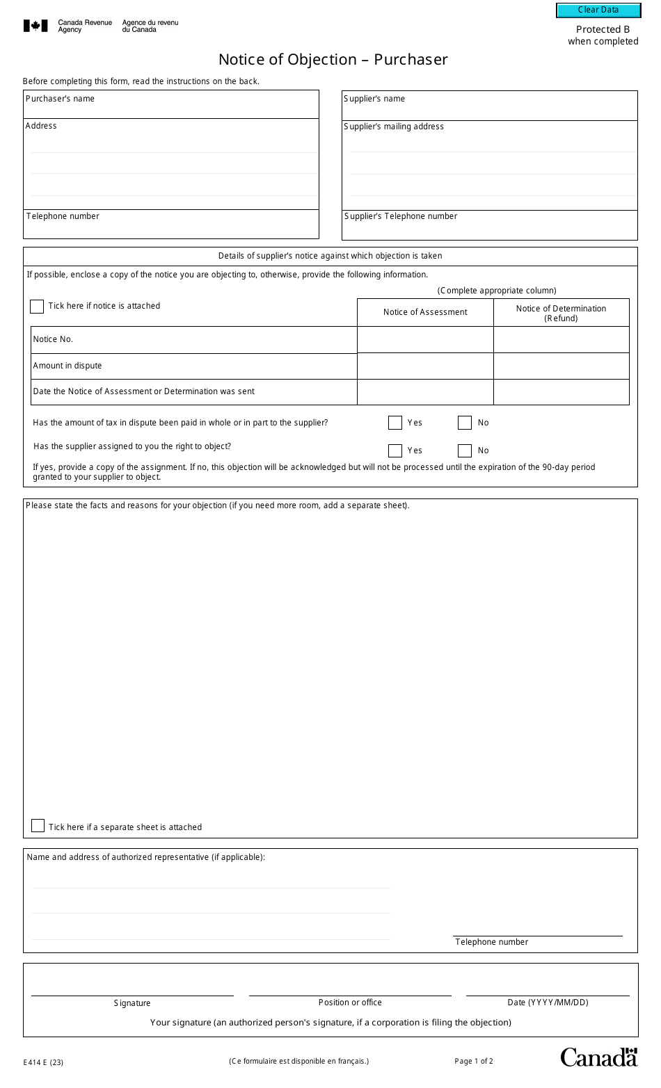 Form E414 Notice of Objection - Purchaser - Canada, Page 1