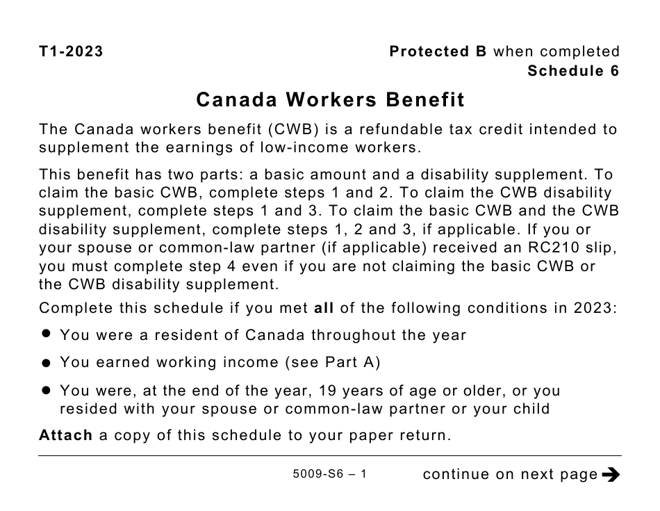 Form 5009-S6 Schedule 6 Canada Workers Benefit - Large Print - Canada, Page 1