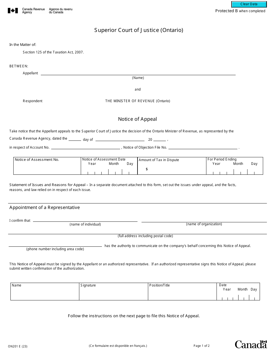 Form ON201 Superior Court of Justice Notice of Appeal - Canada, Page 1