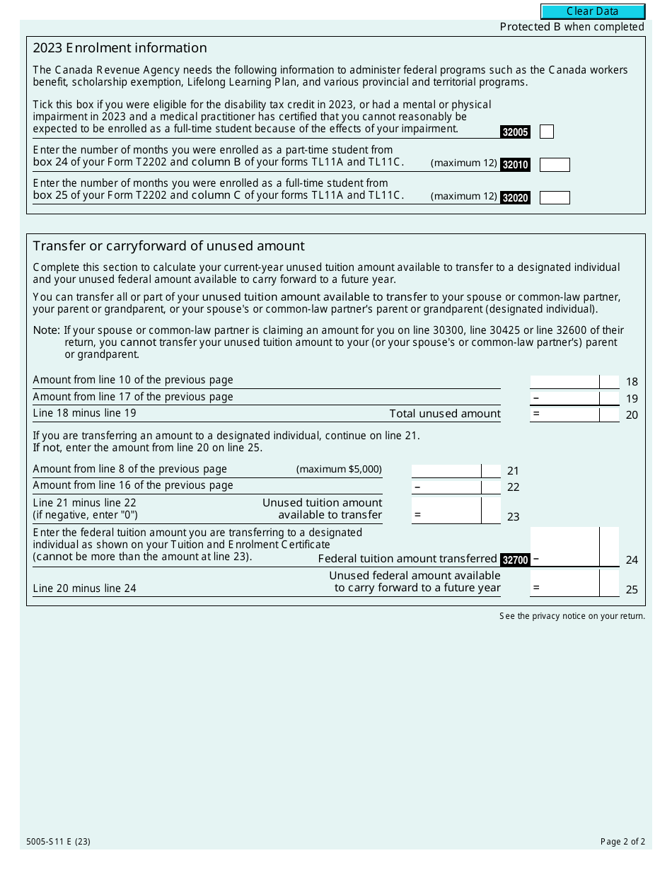 Form 5005-S11 Schedule 11 Federal Tuition, Education, and Textbook Amounts and Canada Training Credit - Canada, Page 2