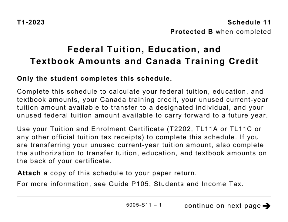 Form 5005-S11 Schedule 11 Federal Tuition, Education, and Textbook Amounts and Canada Training Credit - Large Print - Canada, Page 1