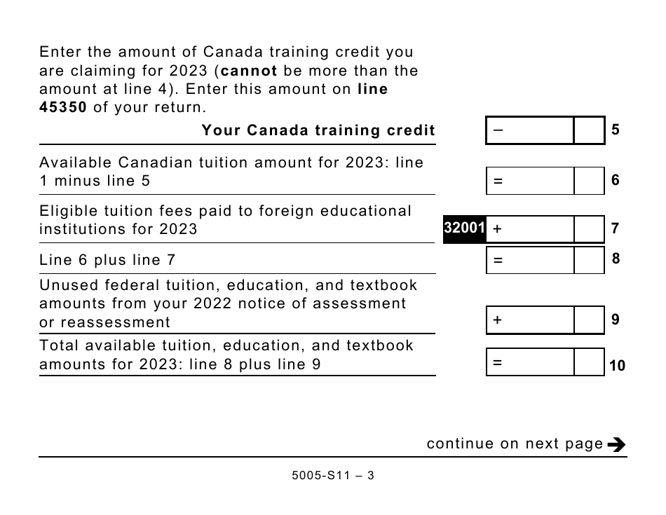 Form 5005-S11 Schedule 11 Federal Tuition, Education, and Textbook Amounts and Canada Training Credit - Large Print - Canada, Page 3