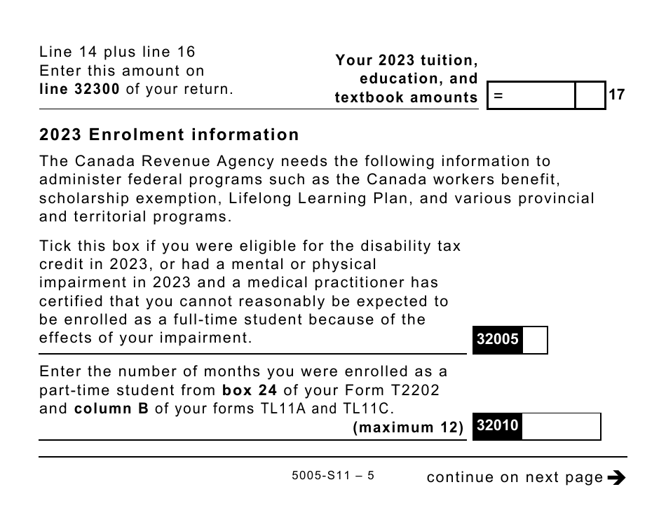 Form 5005-S11 Schedule 11 Federal Tuition, Education, and Textbook Amounts and Canada Training Credit - Large Print - Canada, Page 5