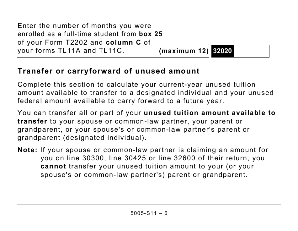 Form 5005-S11 Schedule 11 Federal Tuition, Education, and Textbook Amounts and Canada Training Credit - Large Print - Canada, Page 6
