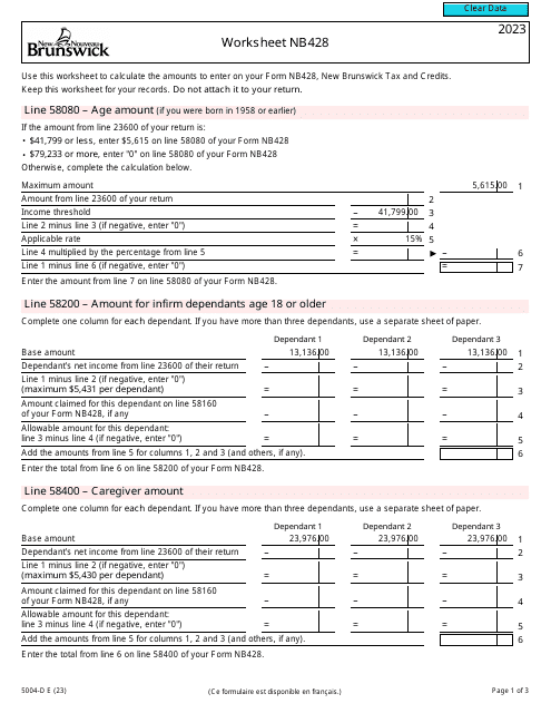Form 5004-D Worksheet NB428 New Brunswick - Canada, 2023
