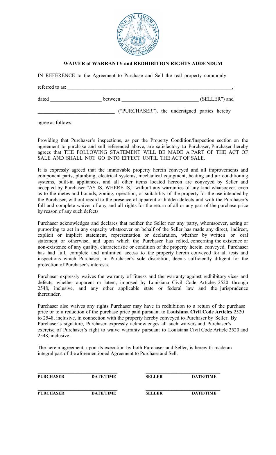 Waiver of Warranty and Redhibition Rights Addendum - Louisiana, Page 1