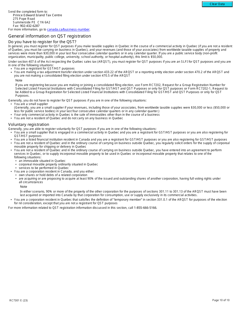 Form RC7301 Request for a Business Number and Certain Program Accounts for Certain Selected Listed Financial Institutions - Canada, Page 10