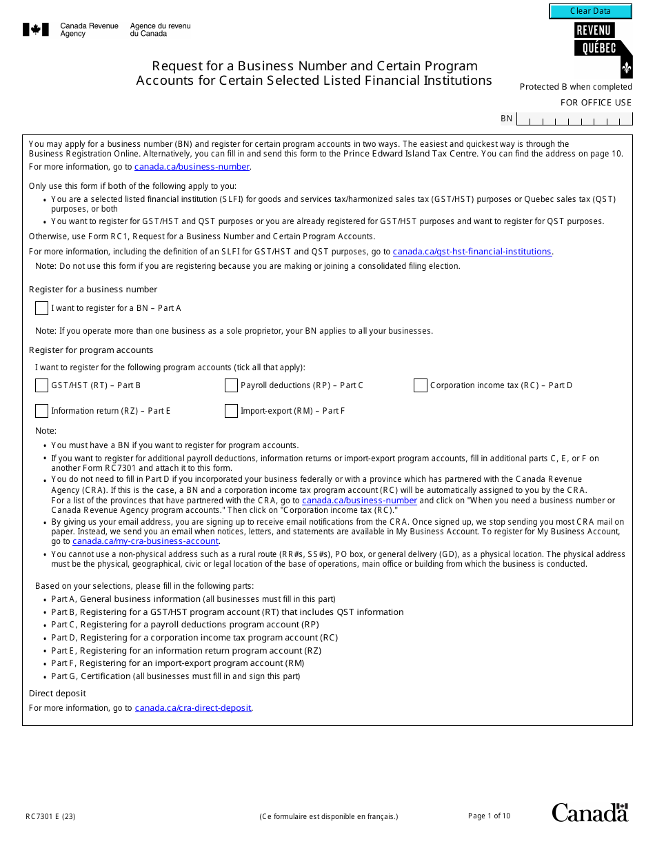 Form RC7301 Request for a Business Number and Certain Program Accounts for Certain Selected Listed Financial Institutions - Canada, Page 1