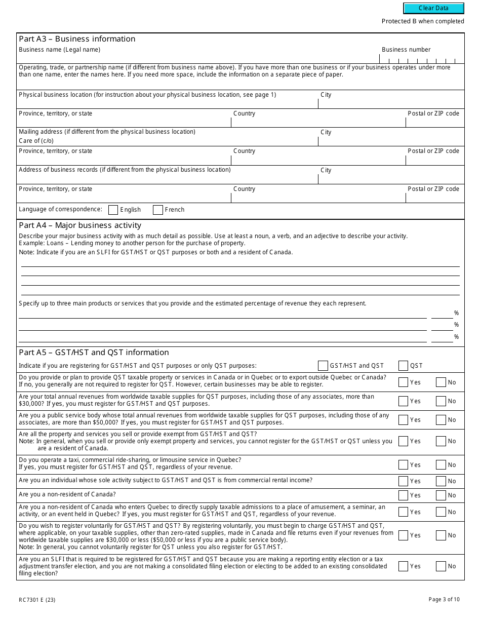 Form RC7301 Request for a Business Number and Certain Program Accounts for Certain Selected Listed Financial Institutions - Canada, Page 3