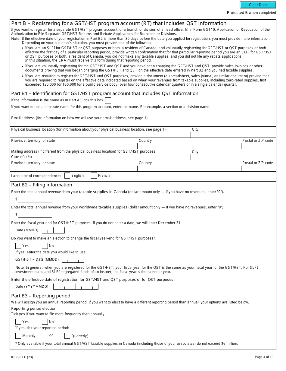 Form RC7301 Request for a Business Number and Certain Program Accounts for Certain Selected Listed Financial Institutions - Canada, Page 4