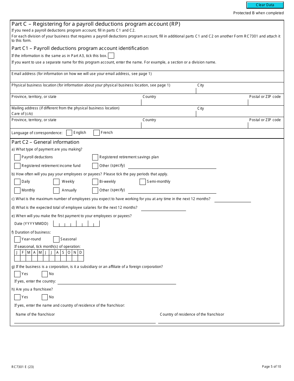 Form RC7301 Request for a Business Number and Certain Program Accounts for Certain Selected Listed Financial Institutions - Canada, Page 5
