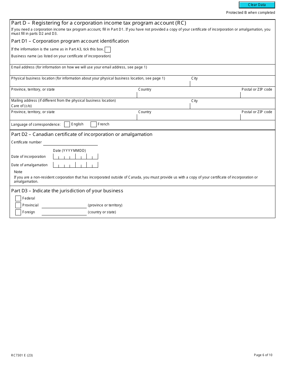 Form RC7301 Request for a Business Number and Certain Program Accounts for Certain Selected Listed Financial Institutions - Canada, Page 6