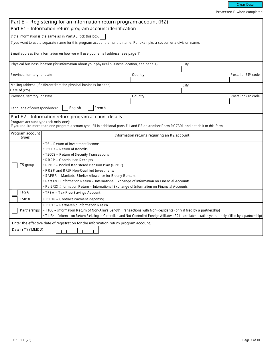 Form RC7301 Request for a Business Number and Certain Program Accounts for Certain Selected Listed Financial Institutions - Canada, Page 7