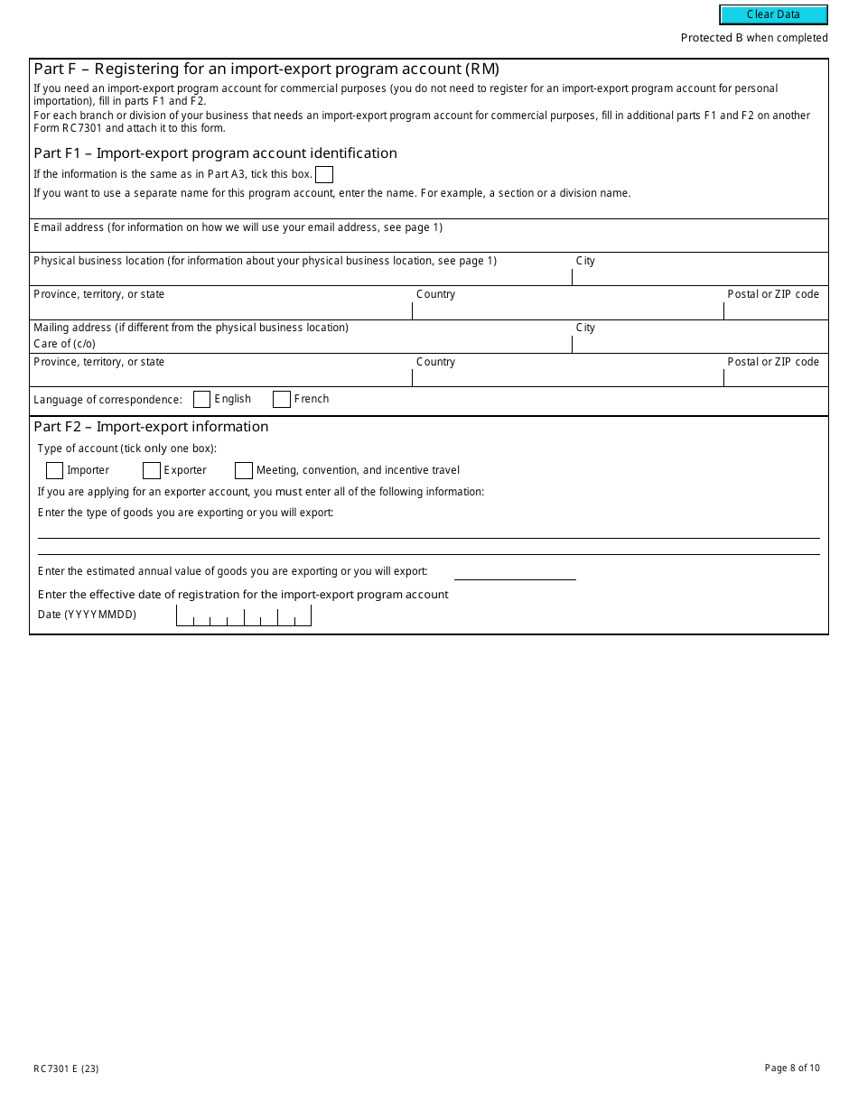 Form RC7301 Request for a Business Number and Certain Program Accounts for Certain Selected Listed Financial Institutions - Canada, Page 8