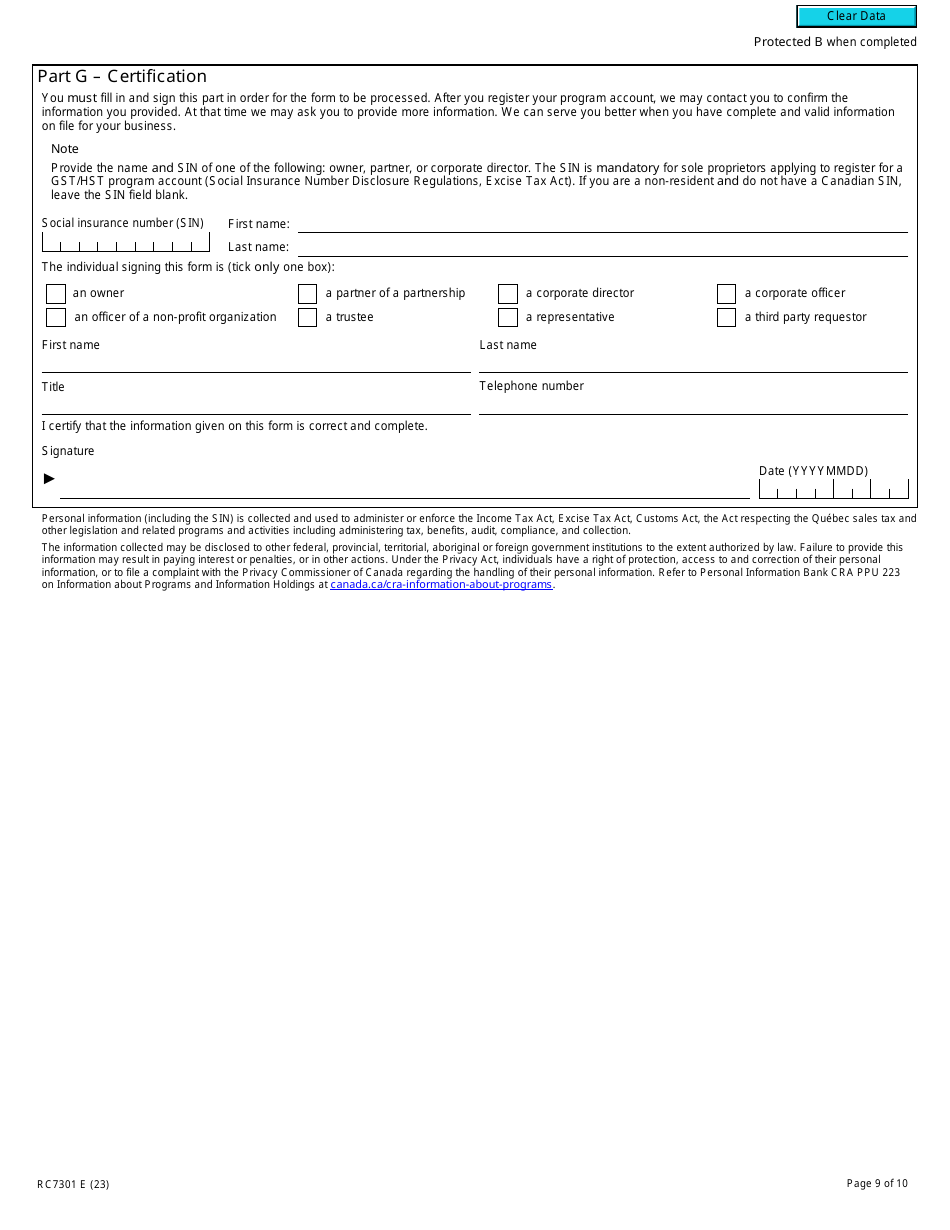 Form RC7301 Request for a Business Number and Certain Program Accounts for Certain Selected Listed Financial Institutions - Canada, Page 9