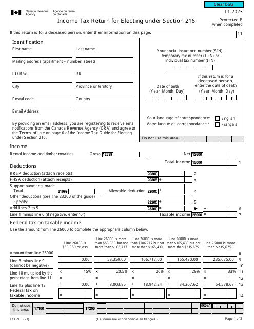 Form T1159 Income Tax Return for Electing Under Section 216 - Canada, 2023
