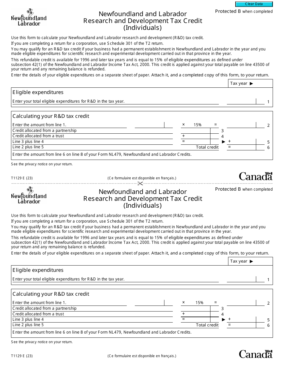 Form T1129 Newfoundland and Labrador Research and Development Tax Credit (Individuals) - Canada, Page 1
