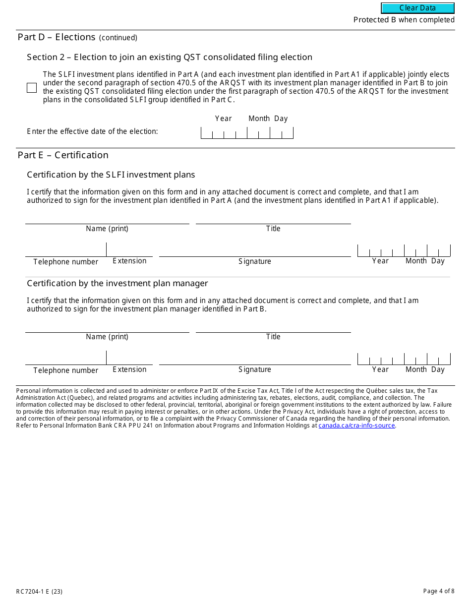 Form RC7204-1 Elections to Join a Consolidated Filing Election for a Selected Listed Financial Institution for Gst / Hst and Qst Purposes or Only for Qst Purposes - Canada, Page 4
