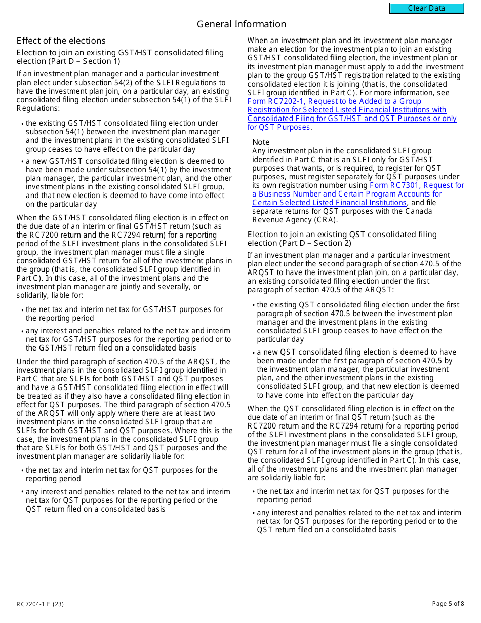 Form RC7204-1 Elections to Join a Consolidated Filing Election for a Selected Listed Financial Institution for Gst / Hst and Qst Purposes or Only for Qst Purposes - Canada, Page 5