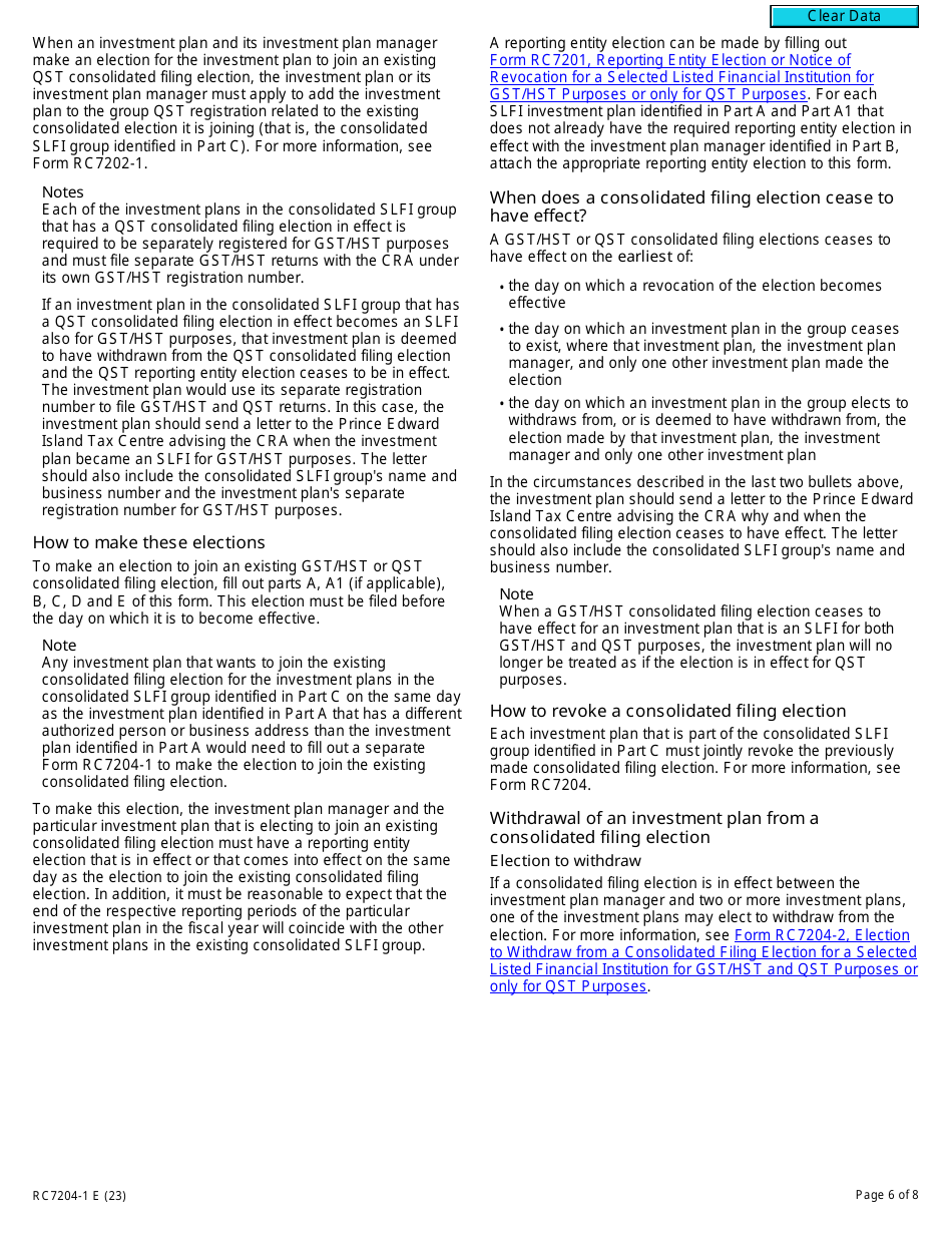 Form RC7204-1 Elections to Join a Consolidated Filing Election for a Selected Listed Financial Institution for Gst / Hst and Qst Purposes or Only for Qst Purposes - Canada, Page 6