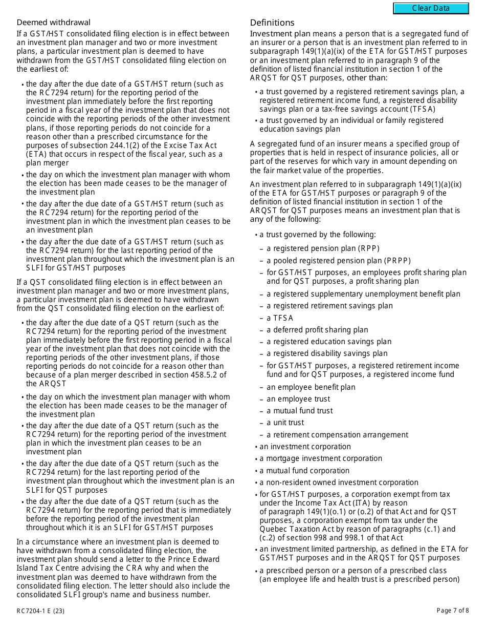 Form RC7204-1 Elections to Join a Consolidated Filing Election for a Selected Listed Financial Institution for Gst / Hst and Qst Purposes or Only for Qst Purposes - Canada, Page 7