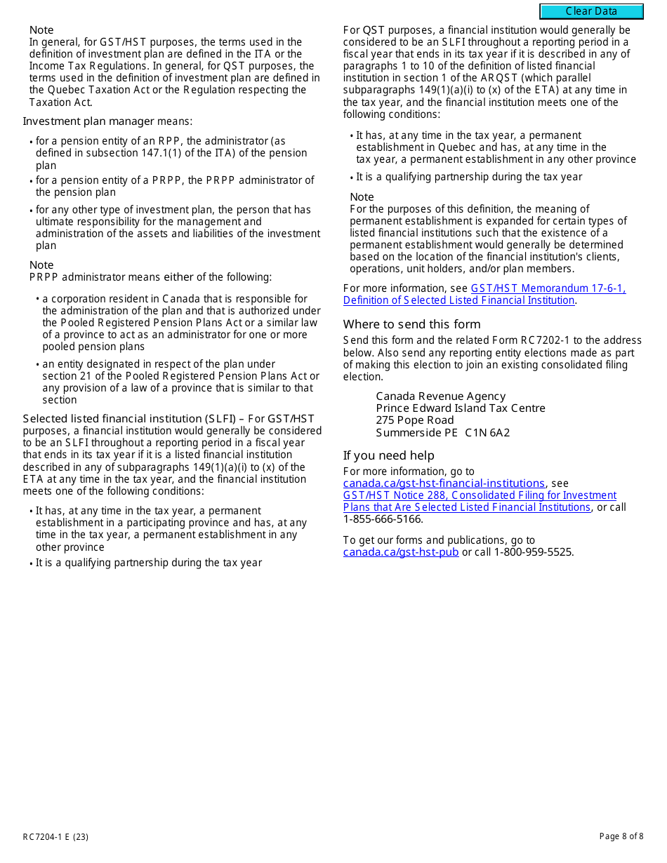 Form RC7204-1 Elections to Join a Consolidated Filing Election for a Selected Listed Financial Institution for Gst / Hst and Qst Purposes or Only for Qst Purposes - Canada, Page 8