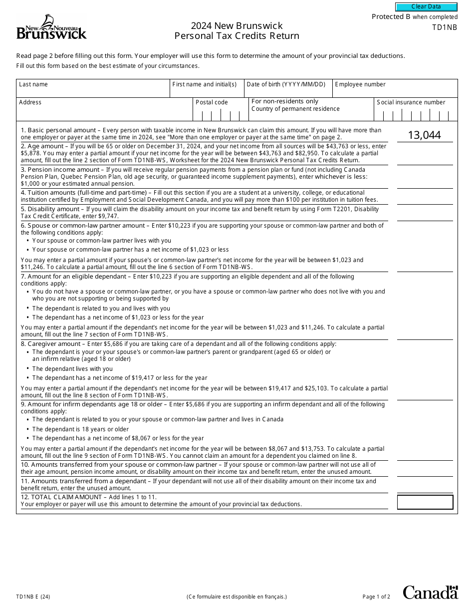 Form TD1NB Download Fillable PDF or Fill Online New Brunswick Personal