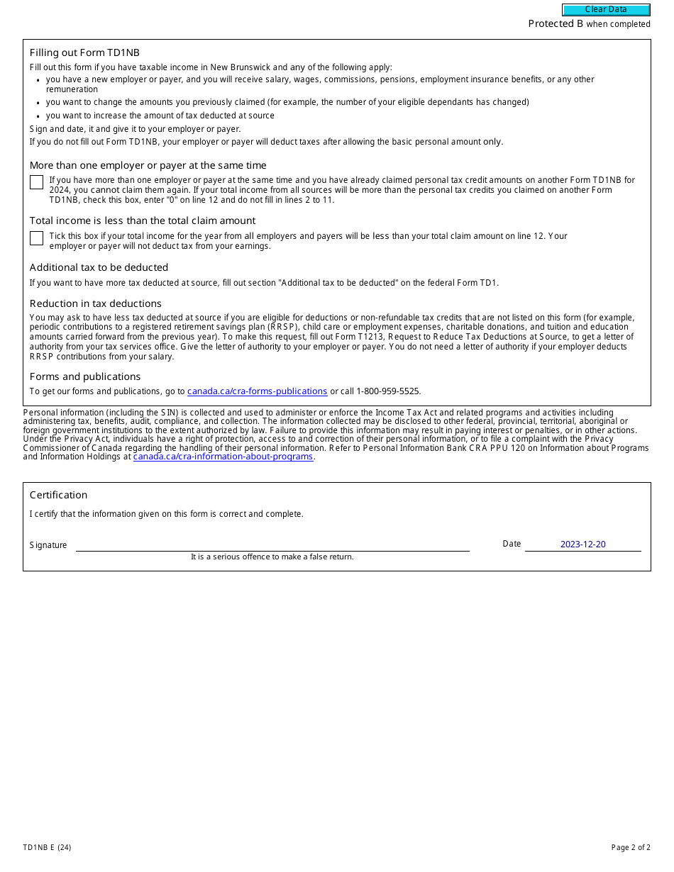 Form TD1NB New Brunswick Personal Tax Credits Return - Canada, Page 2