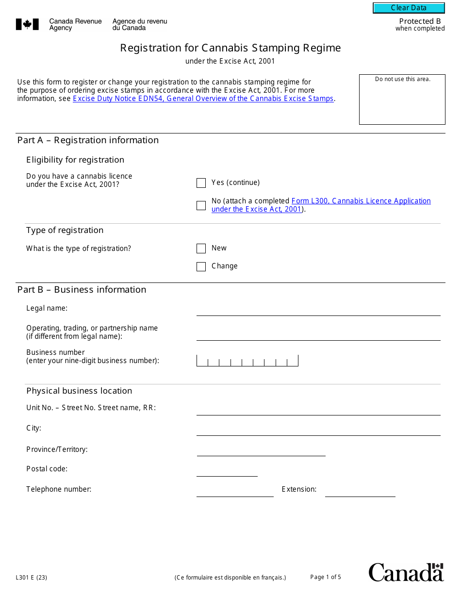 Form L301 Registration for Cannabis Stamping Regime Under the Excise Act, 2001 - Canada, Page 1