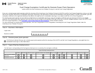 Form L405 Fuel Charge Exemption Certificate for Remote Power Plant Operators - Canada