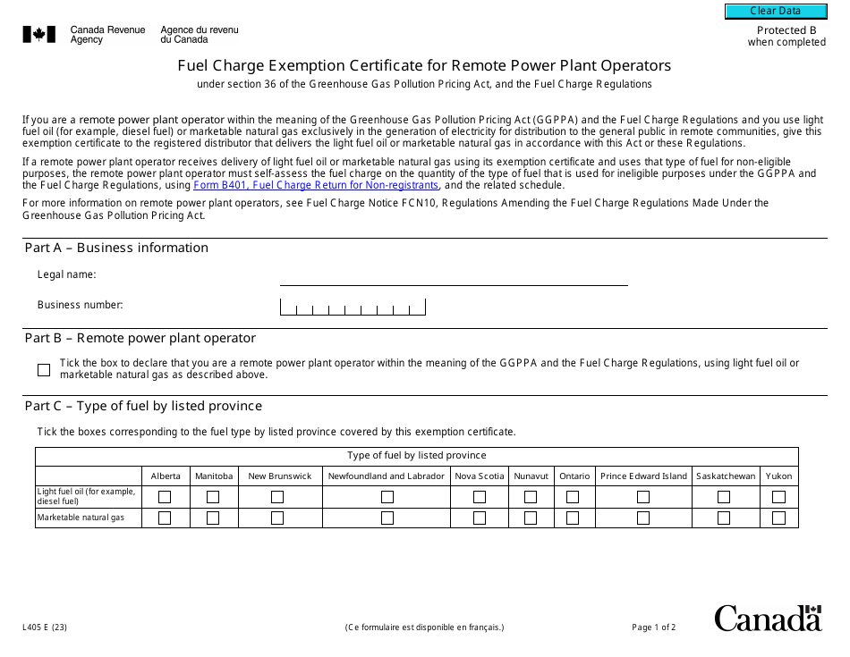 Form L405 Fuel Charge Exemption Certificate for Remote Power Plant Operators - Canada, Page 1