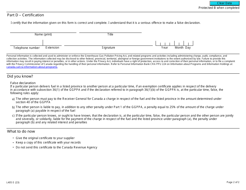 Form L405 Fuel Charge Exemption Certificate for Remote Power Plant Operators - Canada, Page 2