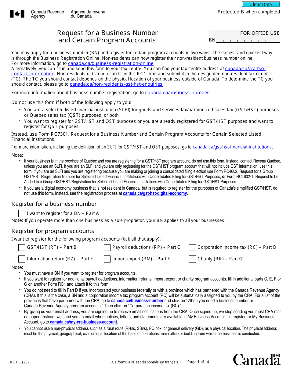 Form RC1 Request for a Business Number and Certain Program Accounts - Canada, Page 1