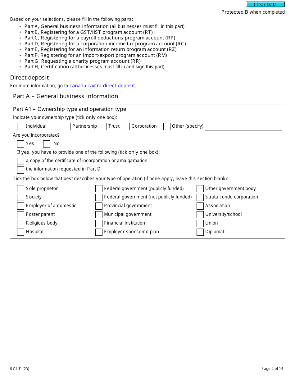 Form RC1 Request for a Business Number and Certain Program Accounts - Canada, Page 2