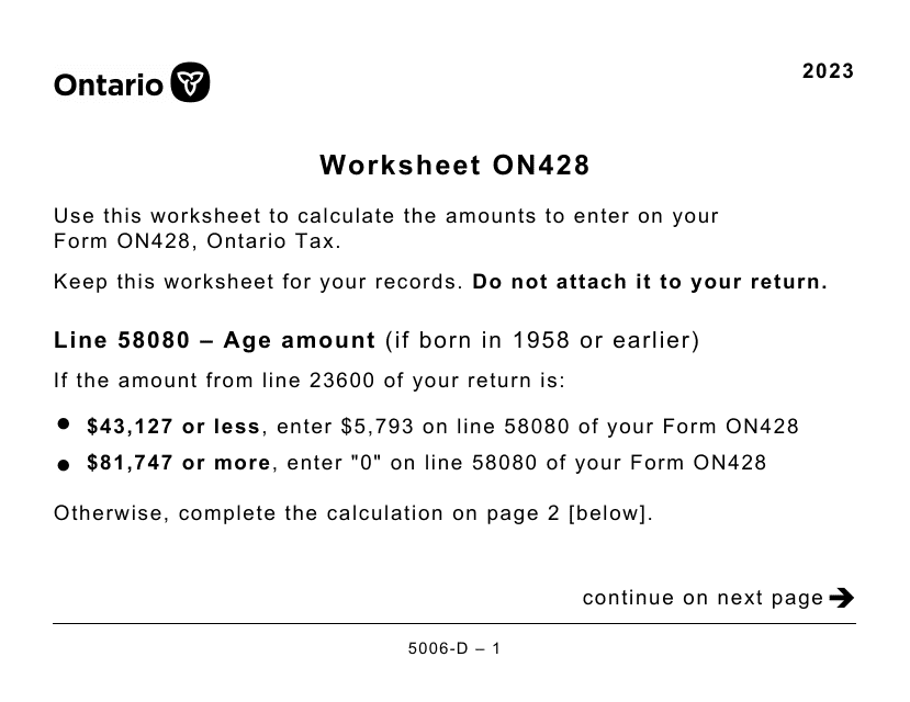 Form 5006-D Worksheet ON428 Ontario - Large Print - Canada, 2023