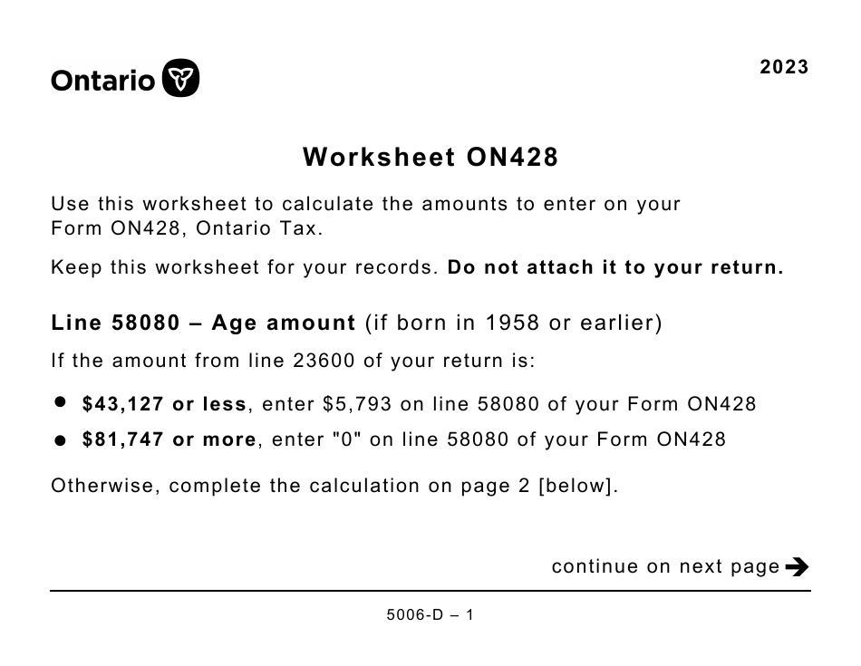 Form 5006-D Worksheet ON428 Ontario - Large Print - Canada, Page 1