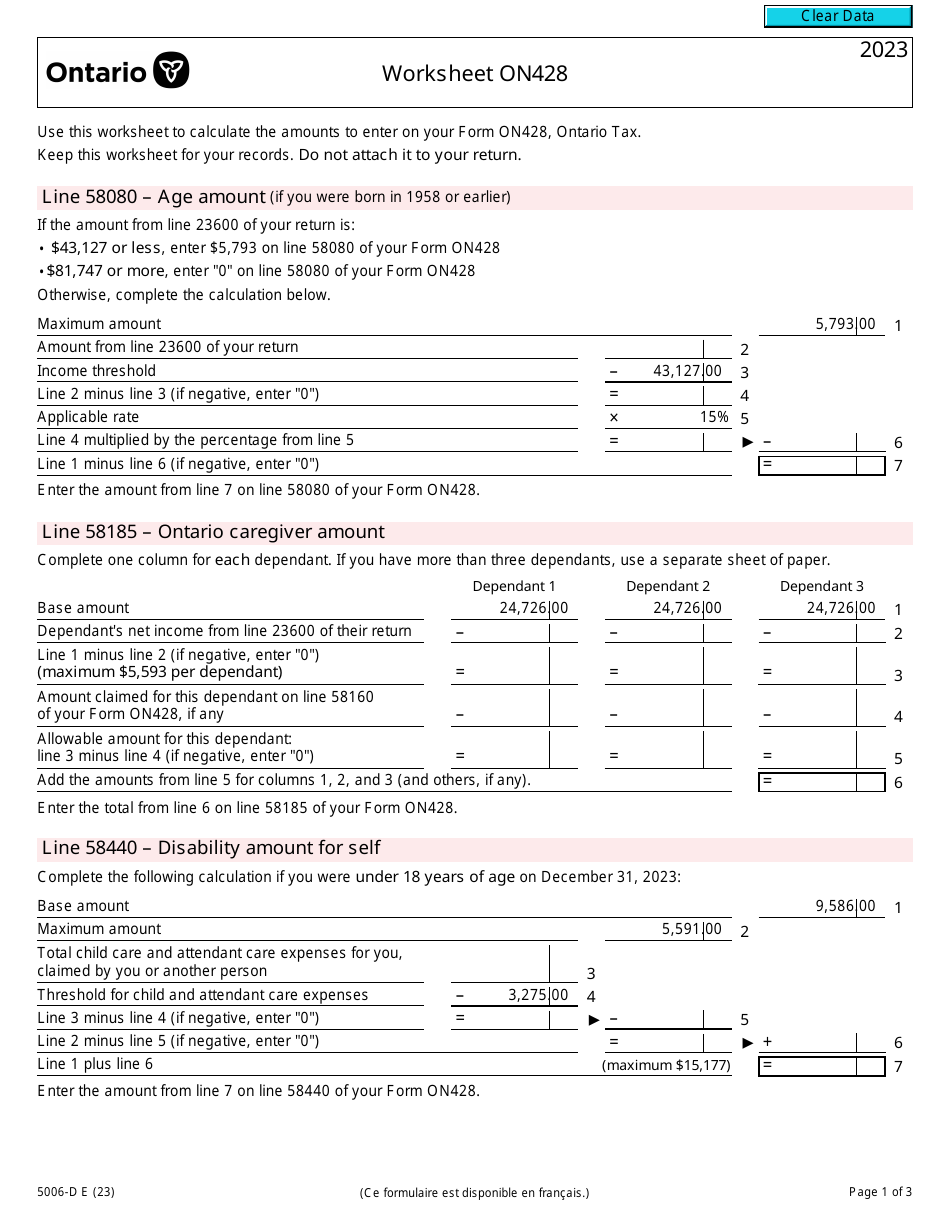 Form 5006-D Worksheet ON428 Ontario - Canada, Page 1