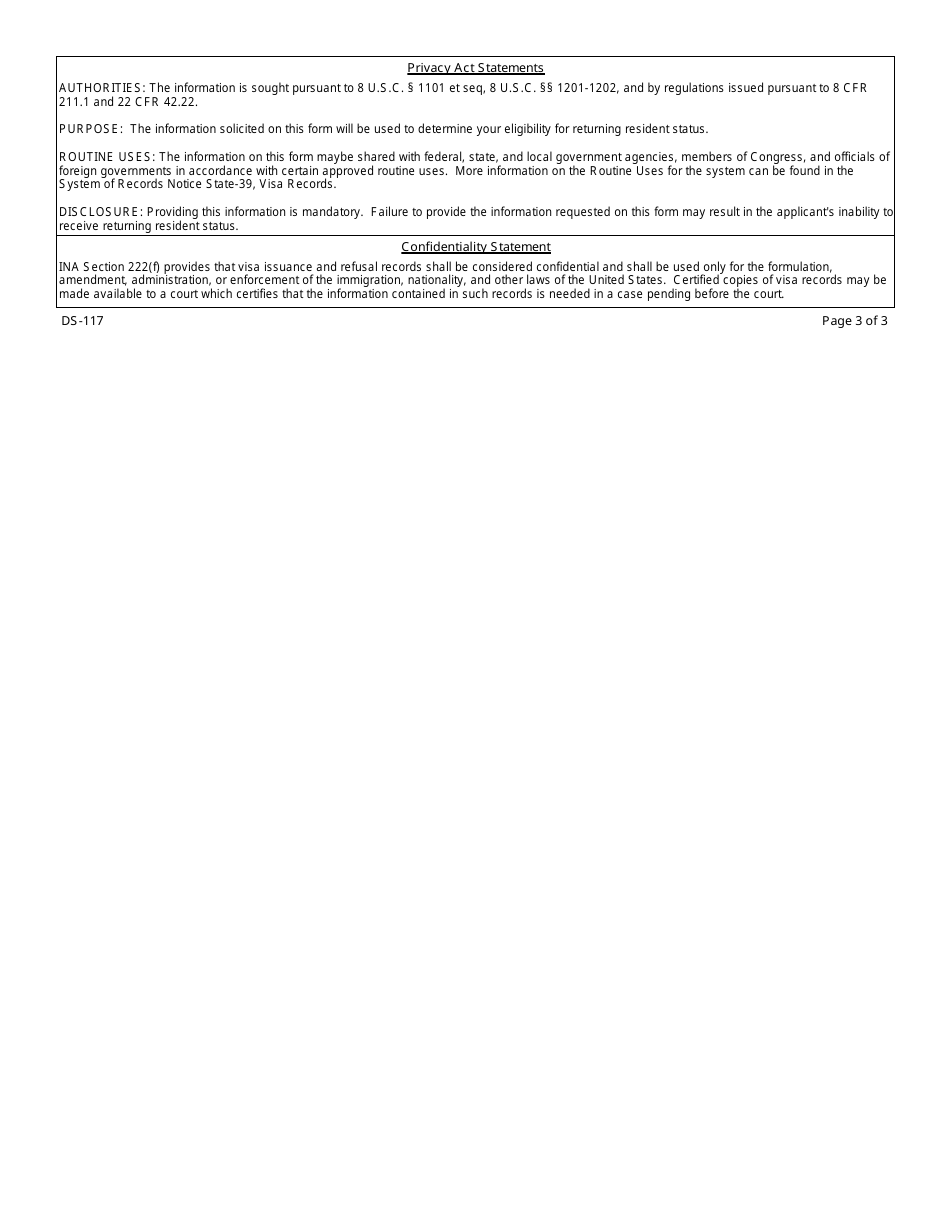 Form DS-117 Application to Determine Returning Resident Status, Page 3