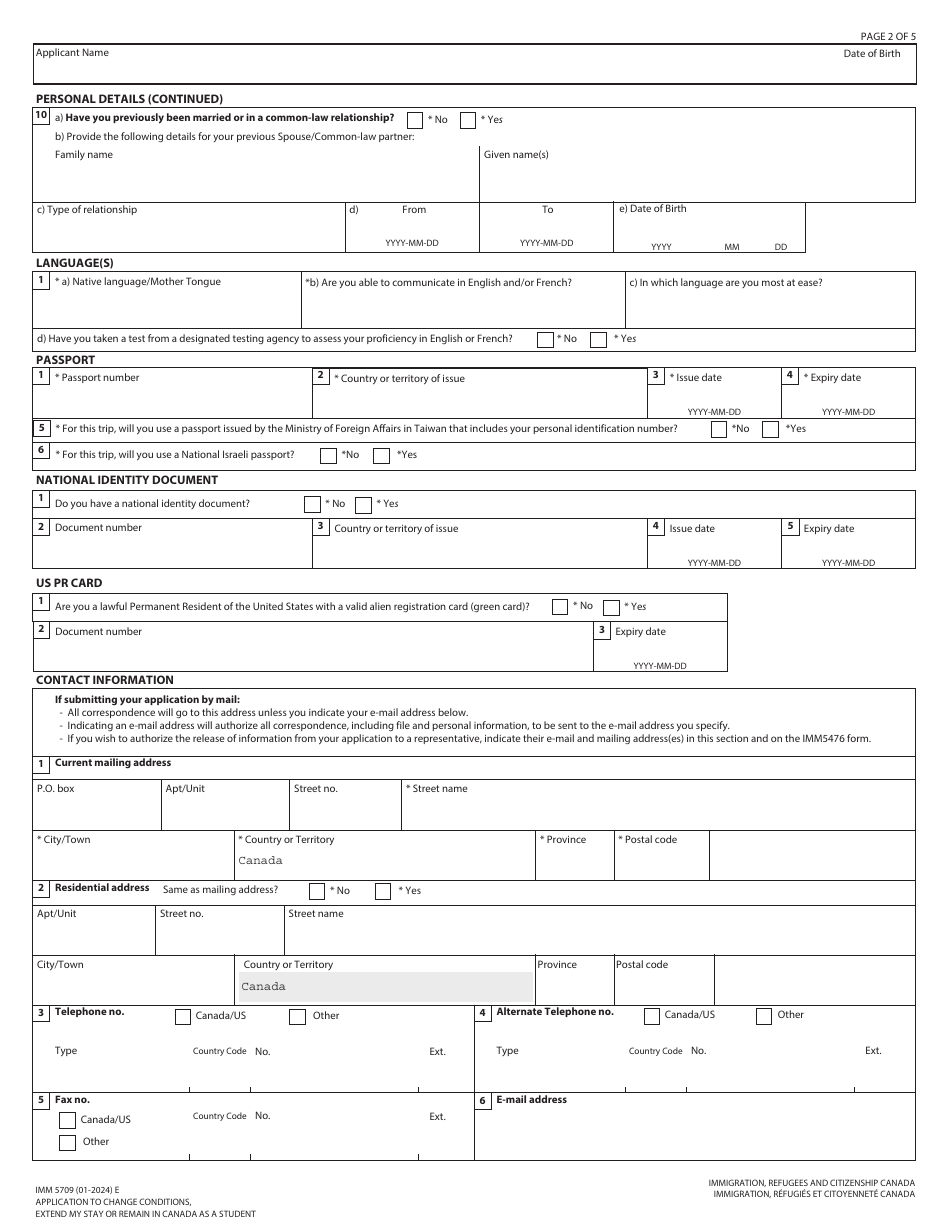 Form IMM5709 Download Fillable PDF or Fill Online Application to Change ...