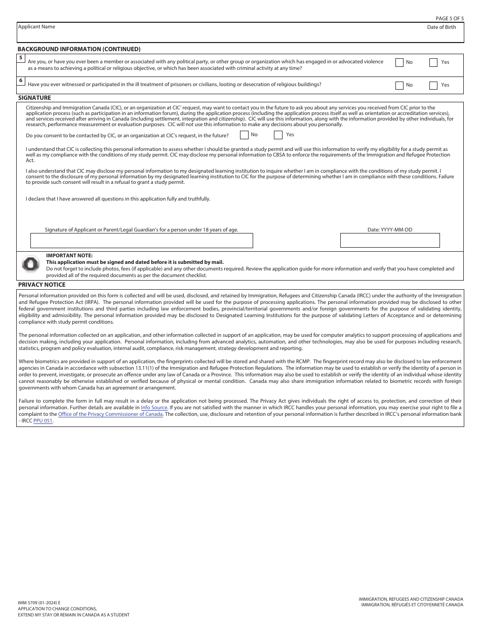 Form IMM5709 Application to Change Conditions, Extend My Stay or Remain in Canada as a Student - Canada, Page 5