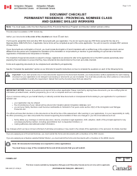 Document preview: Form IMM5690 Document Checklist: Permanent Residence - Provincial Nominee Class and Quebec Skilled Workers - Canada
