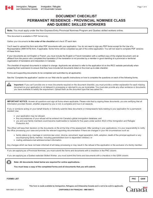 Form IMM5690 Document Checklist: Permanent Residence - Provincial Nominee Class and Quebec Skilled Workers - Canada