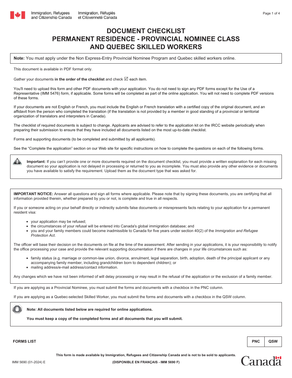 Form IMM5690 Document Checklist: Permanent Residence - Provincial Nominee Class and Quebec Skilled Workers - Canada, Page 1