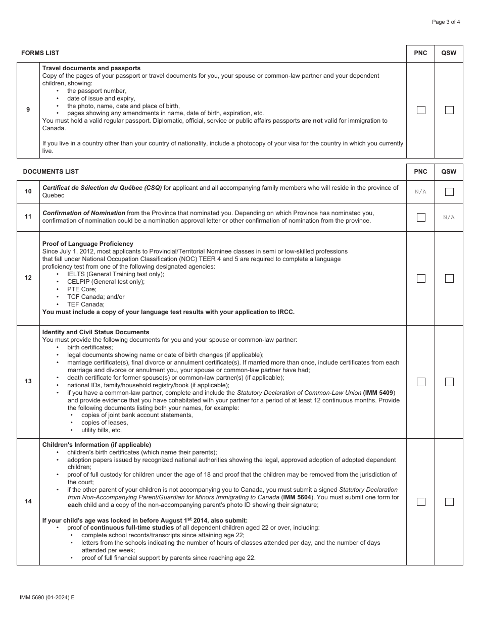 Form IMM5690 Download Fillable PDF or Fill Online Document Checklist ...