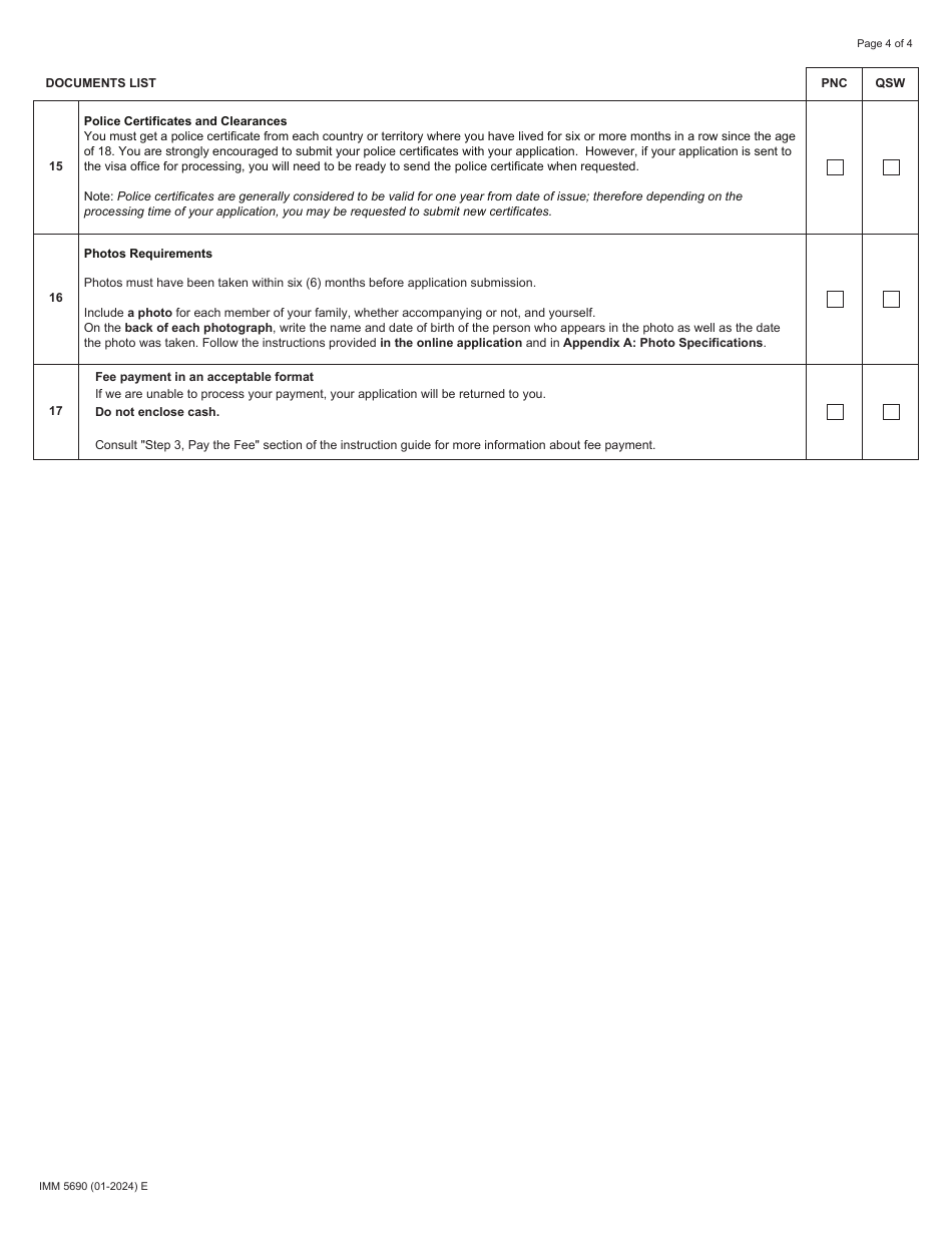Form IMM5690 Document Checklist: Permanent Residence - Provincial Nominee Class and Quebec Skilled Workers - Canada, Page 4